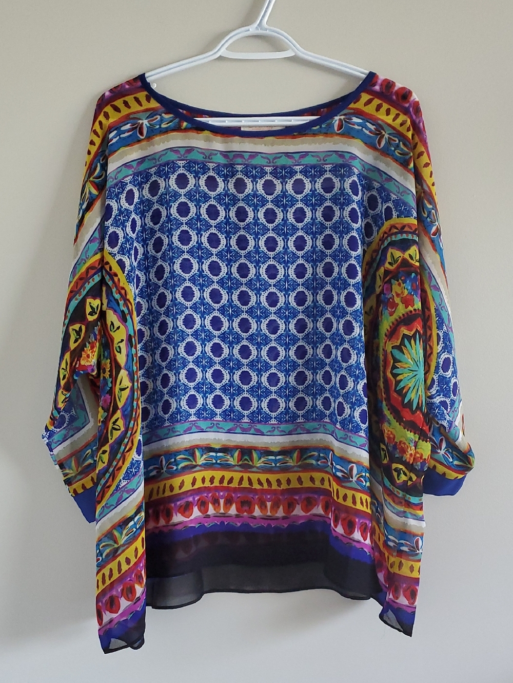 Orange Bohemian Blue Patterned Women's Scarf Blouse Swim Cover Up Tunic Sz L M S